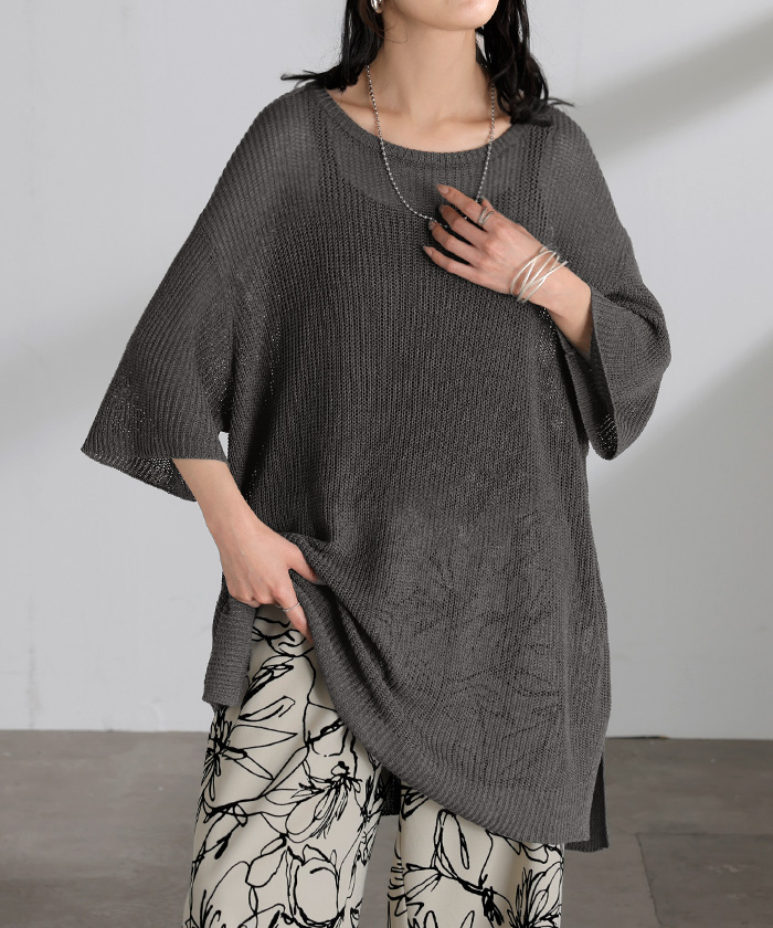 サマーニット 透かし編み プルオーバー ルーズ レディース トップス ニット セーター オーバー ロング メッシュ チュニック 透け リネン風 半袖 五分袖 七分袖 | HUG.U | 05