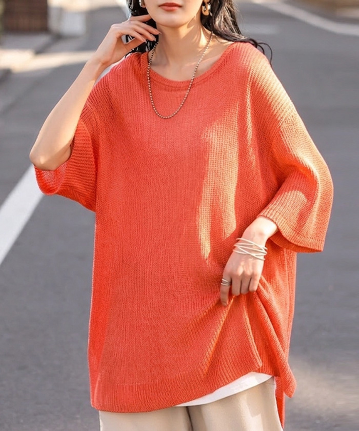 サマーニット 透かし編み プルオーバー ルーズ レディース トップス ニット セーター オーバー ロング メッシュ チュニック 透け リネン風 半袖 五分袖 七分袖 | HUG.U | 02