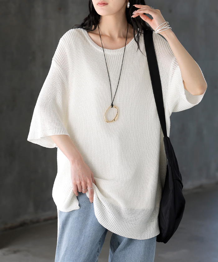 サマーニット 透かし編み プルオーバー ルーズ レディース トップス ニット セーター オーバー ロング メッシュ チュニック 透け リネン風 半袖 五分袖 七分袖 | HUG.U | 01