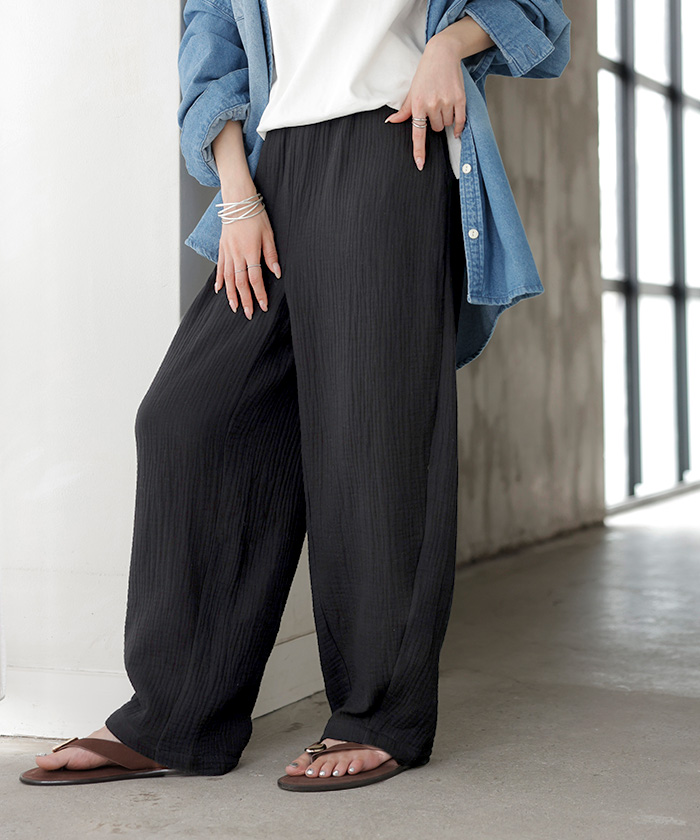 パンツ 綿100 ガーゼ バレルレッグパンツ レディース ロング ロングパンツ バレル ワイド ワイドパンツ トリプル コットン 涼しい 体型カバー ボトムス ボトム | HUG.U | 04