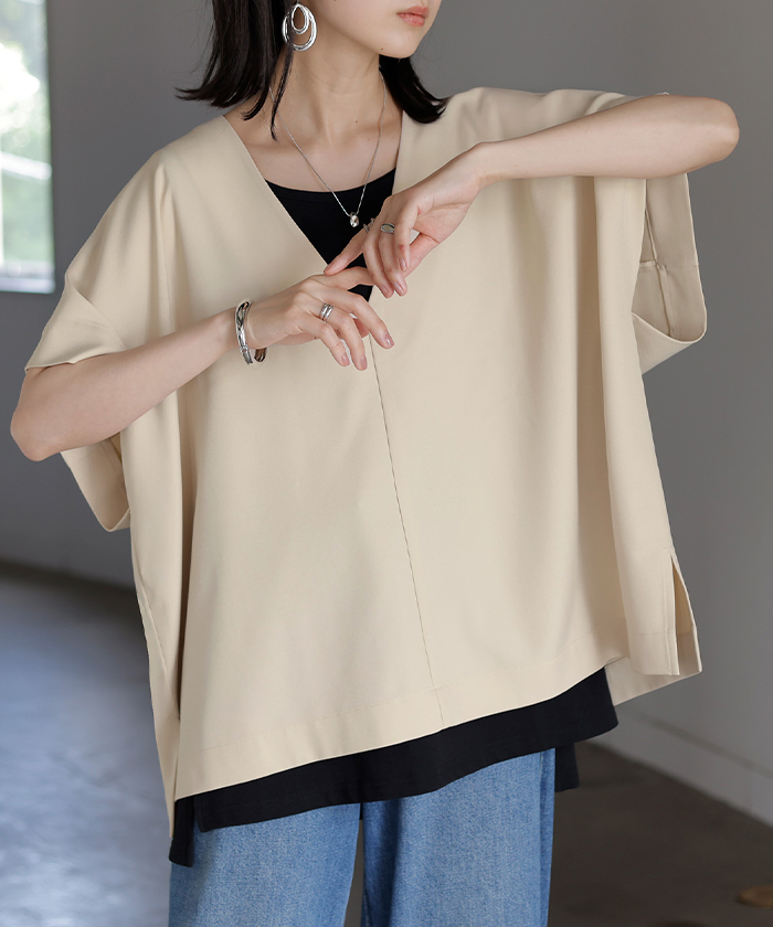 ブラウス ポンチョ 深Vネック レディース トップス ベスト ロング シャツ チュニック プルオーバー ロングシャツ Vネック レイヤード フレア 半袖 大判 きれいめ | HUG.U | 01