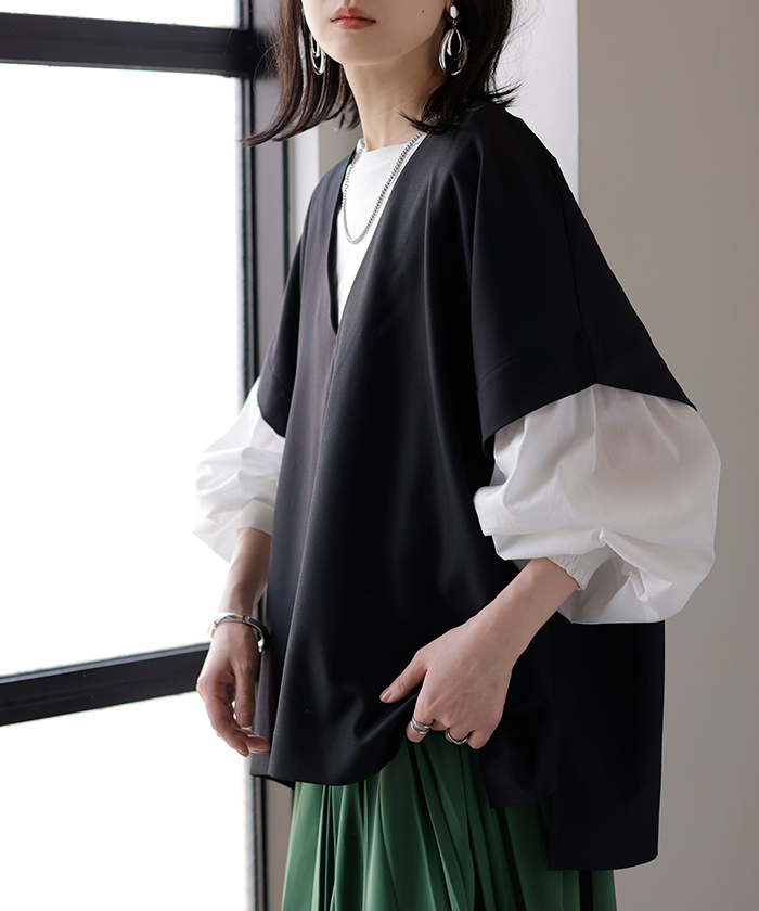ブラウス ポンチョ 深Vネック レディース トップス ベスト ロング シャツ チュニック プルオーバー ロングシャツ Vネック レイヤード フレア 半袖 大判 きれいめ | HUG.U | 04