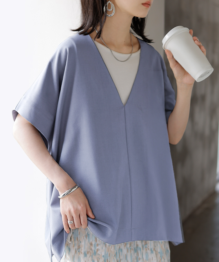 ブラウス ポンチョ 深Vネック レディース トップス ベスト ロング シャツ チュニック プルオーバー ロングシャツ Vネック レイヤード フレア 半袖 大判 きれいめ | HUG.U | 02