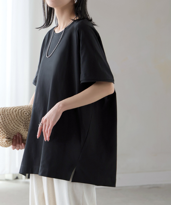 Tシャツ 接触冷感 強冷感 UVカット レディース トップス フレンチスリーブ プルオーバー チュニック 涼しい ひんやり 遮蔽率99.9% UPF50+ ロング 体型カバー | HUG.U | 03