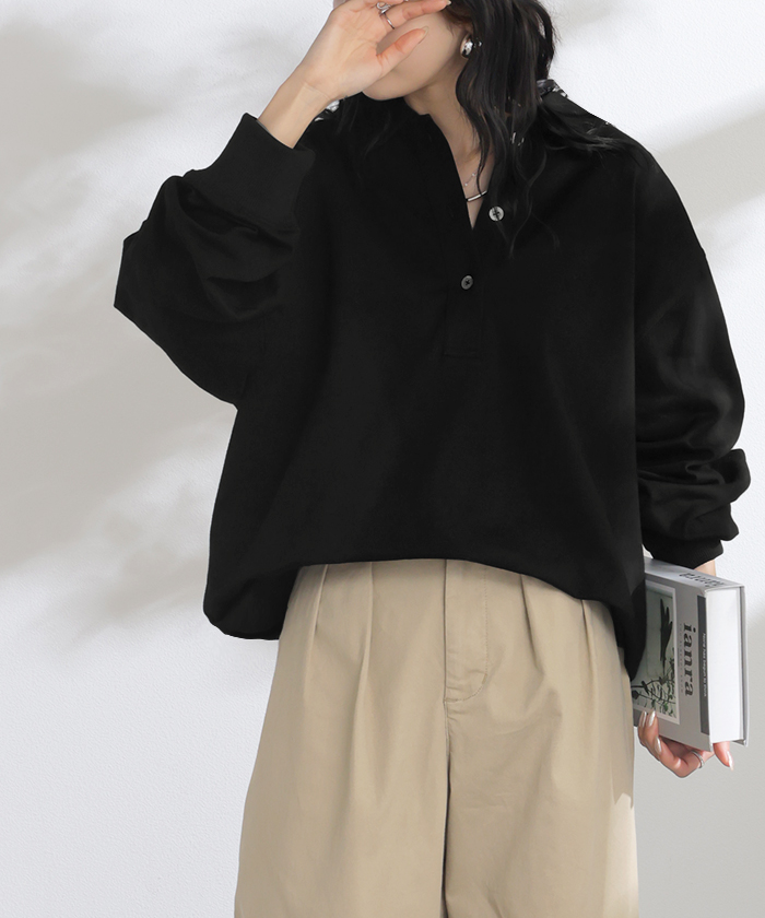 ラガーシャツ レディース 綿100％ トップス ポロシャツ ロンT カットソー 襟付き 長袖 チュニック Vネック コットン 天竺 ゆったり 体型カバー 大きいサイズ | HUG.U | 04