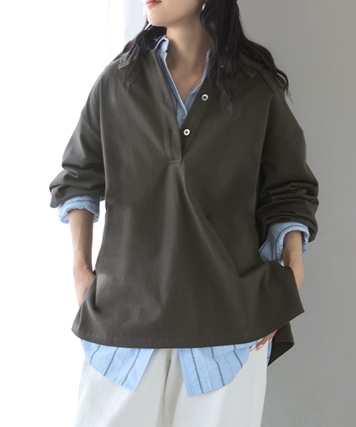 ラガーシャツ レディース 綿100％ トップス ポロシャツ ロンT カットソー 襟付き 長袖 チュニック Vネック コットン 天竺 ゆったり 体型カバー 大きいサイズ | HUG.U | 03