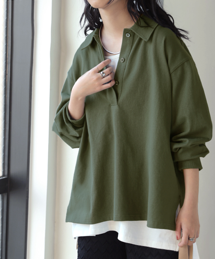 ラガーシャツ レディース 綿100％ トップス ポロシャツ ロンT カットソー 襟付き 長袖 チュニック Vネック コットン 天竺 ゆったり 体型カバー 大きいサイズ | HUG.U | 02