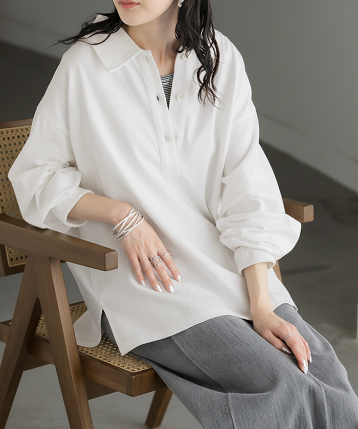 ラガーシャツ レディース 綿100％ トップス ポロシャツ ロンT カットソー 襟付き 長袖 チュニック Vネック コットン 天竺 ゆったり 体型カバー 大きいサイズ | HUG.U | 01