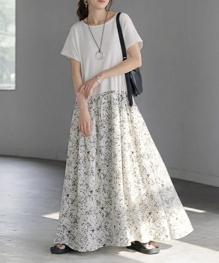ワンピース ロング 花柄 異素材 ドッキング レディース ワンピ ロングワンピース ドッキングワンピース マキシワンピース Aライン | HUG.U | 01