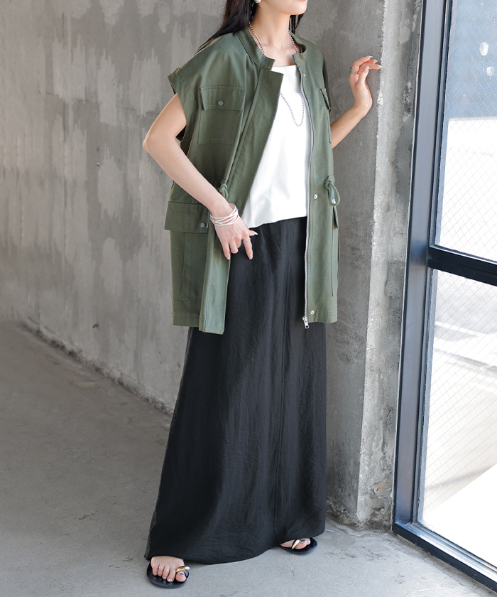 スカート ロング 軽涼 セミフレア レディース ロングスカート Aライン ボトムス ボトム フレア マキシ 軽い 涼しい ハイウエスト ウエストゴム 裏地 ポケット | HUG.U | 04