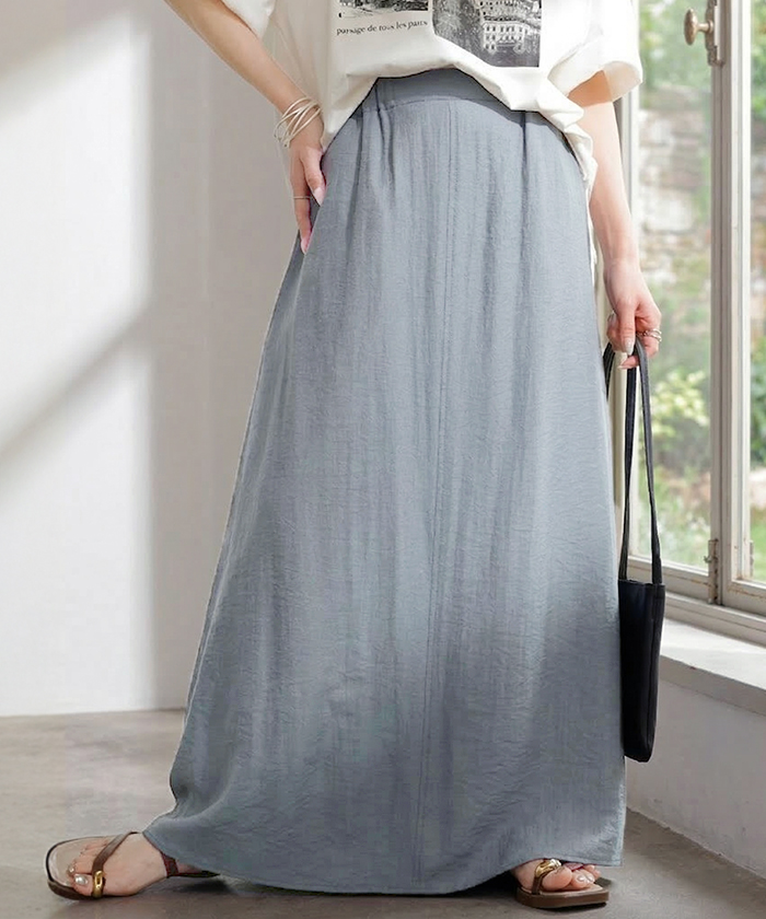 スカート ロング 軽涼 セミフレア レディース ロングスカート Aライン ボトムス ボトム フレア マキシ 軽い 涼しい ハイウエスト ウエストゴム 裏地 ポケット | HUG.U | 02