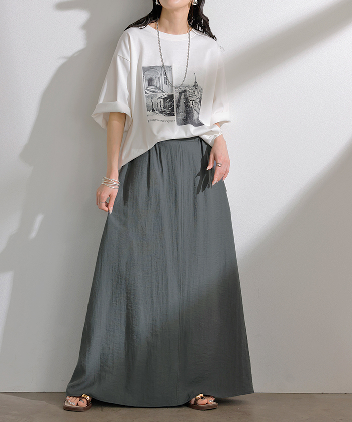 スカート ロング 軽涼 セミフレア レディース ロングスカート Aライン ボトムス ボトム フレア マキシ 軽い 涼しい ハイウエスト ウエストゴム 裏地 ポケット | HUG.U | 03