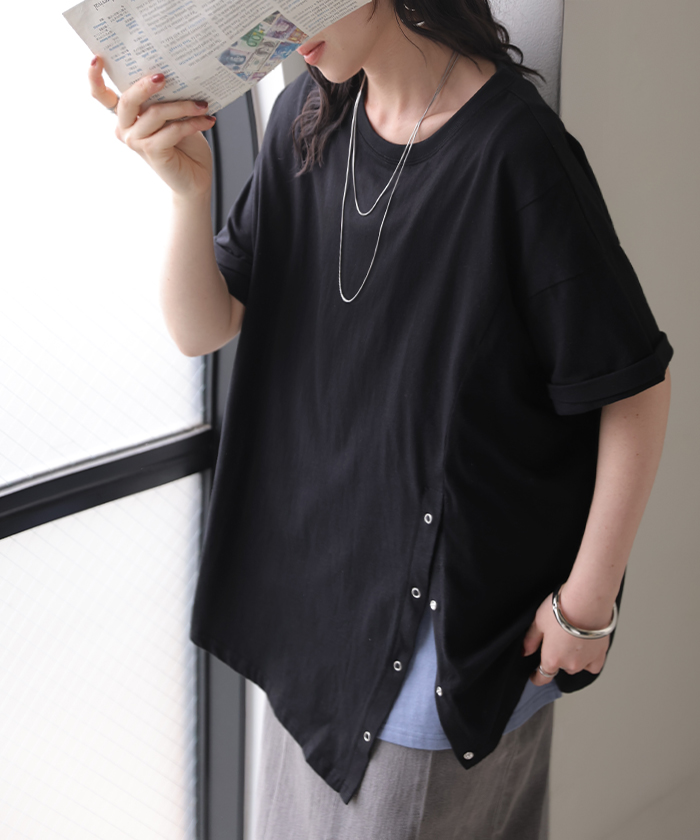 Tシャツ アシンメトリー 綿100 レディース トップス カットソー チュニック ティーシャツ スナップボタン コットン ロールアップ袖 | HUG.U | 02