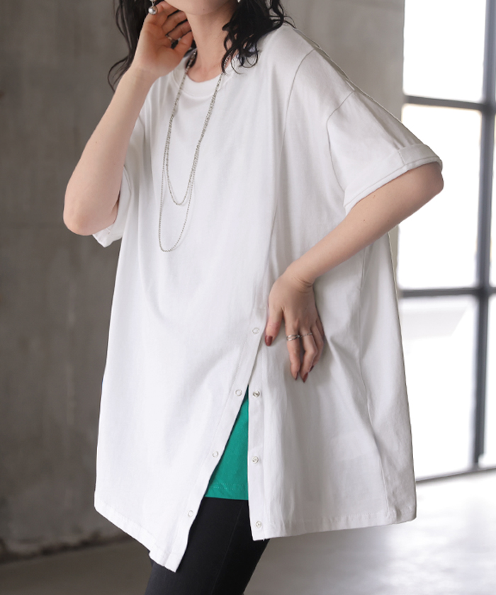 Tシャツ アシンメトリー 綿100 レディース トップス カットソー チュニック ティーシャツ スナップボタン コットン ロールアップ袖 | HUG.U | 01