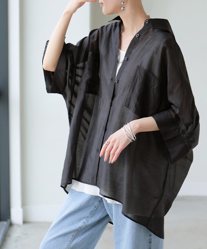 シャツ シアー ブラウス レディース トップス ロング アウター シアーシャツ 透け感 バンドカラー 前開き シースルー 半袖 五分袖 七分袖 羽織 ライトアウター | HUG.U | 05