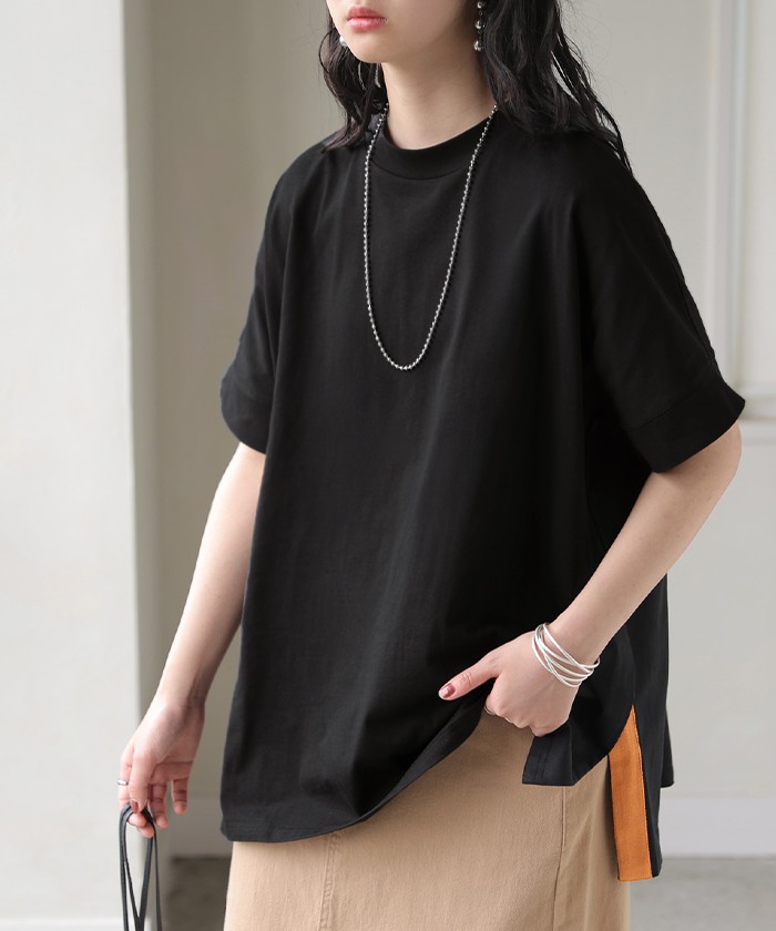 Tシャツ 綿100 配色 スリット レディース トップス ロング カットソー 半袖 チュニック ティーシャツ モックネック バイカラー オーバーサイズ | HUG.U | 04
