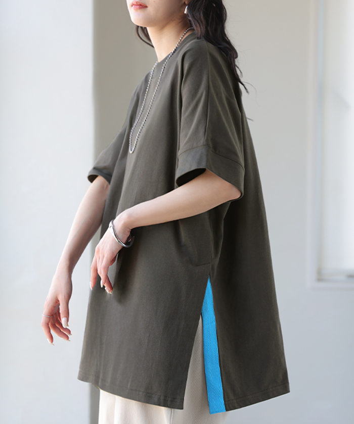 Tシャツ 綿100 配色 スリット レディース トップス ロング カットソー 半袖 チュニック ティーシャツ モックネック バイカラー オーバーサイズ | HUG.U | 03