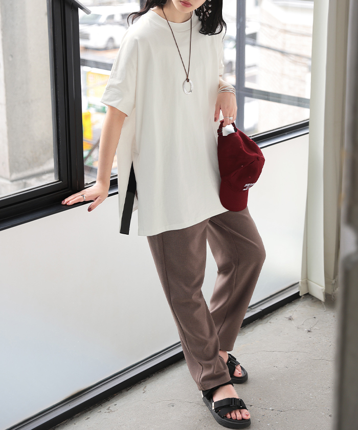 Tシャツ 綿100 配色 スリット レディース トップス ロング カットソー 半袖 チュニック ティーシャツ モックネック バイカラー オーバーサイズ | HUG.U | 01