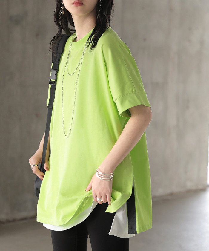 Tシャツ 綿100 配色 スリット レディース トップス ロング カットソー 半袖 チュニック ティーシャツ モックネック バイカラー オーバーサイズ | HUG.U | 02