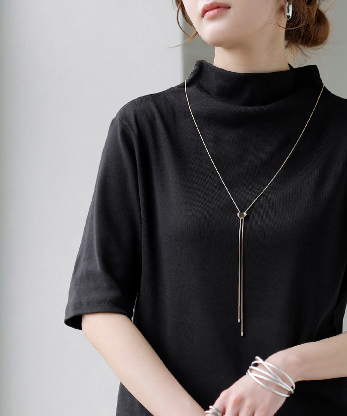 トップス ハイネック 半袖 カットソー インナー レディース ボトルネック Tシャツ プルオーバー 薄手 五分袖 二の腕カバー チクチクしない ロング 通気性 伸縮 | HUG.U | 05