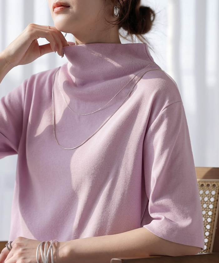 トップス ハイネック 半袖 カットソー インナー レディース ボトルネック Tシャツ プルオーバー 薄手 五分袖 二の腕カバー チクチクしない ロング 通気性 伸縮 | HUG.U | 01