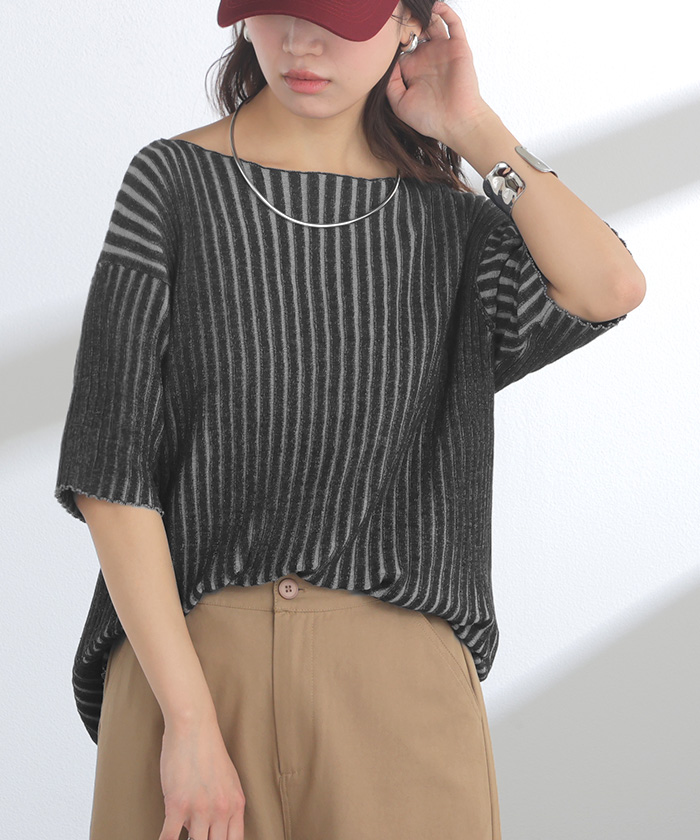 サマーニット リブ 配色 綿100 レディース トップス Tシャツ 半袖 カットソー プルオーバー ティーシャツ リブニット ニット ボートネック ストライプ | HUG.U | 03