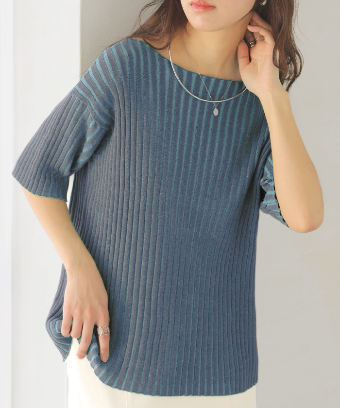 サマーニット リブ 配色 綿100 レディース トップス Tシャツ 半袖 カットソー プルオーバー ティーシャツ リブニット ニット ボートネック ストライプ | HUG.U | 02