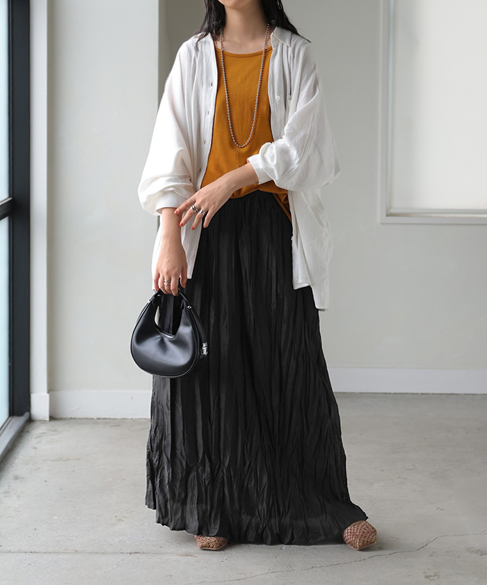 スカート ロング プリーツ シワ加工 レディース ロングスカート フレア フレアスカート マキシ Aライン ハイウエスト ワッシャー ふんわり ウエストゴム | HUG.U | 03