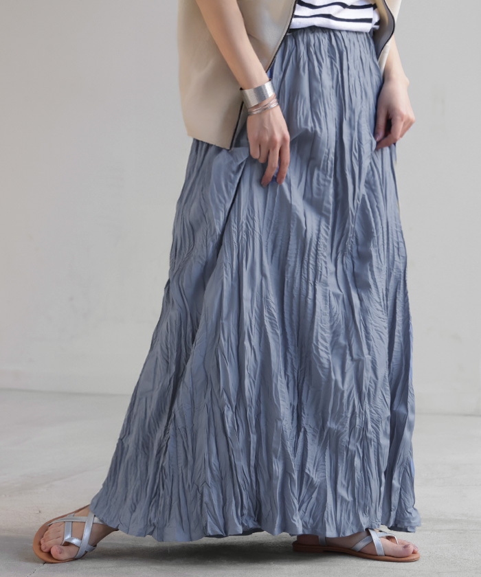 スカート ロング プリーツ シワ加工 レディース ロングスカート フレア フレアスカート マキシ Aライン ハイウエスト ワッシャー ふんわり ウエストゴム | HUG.U | 02