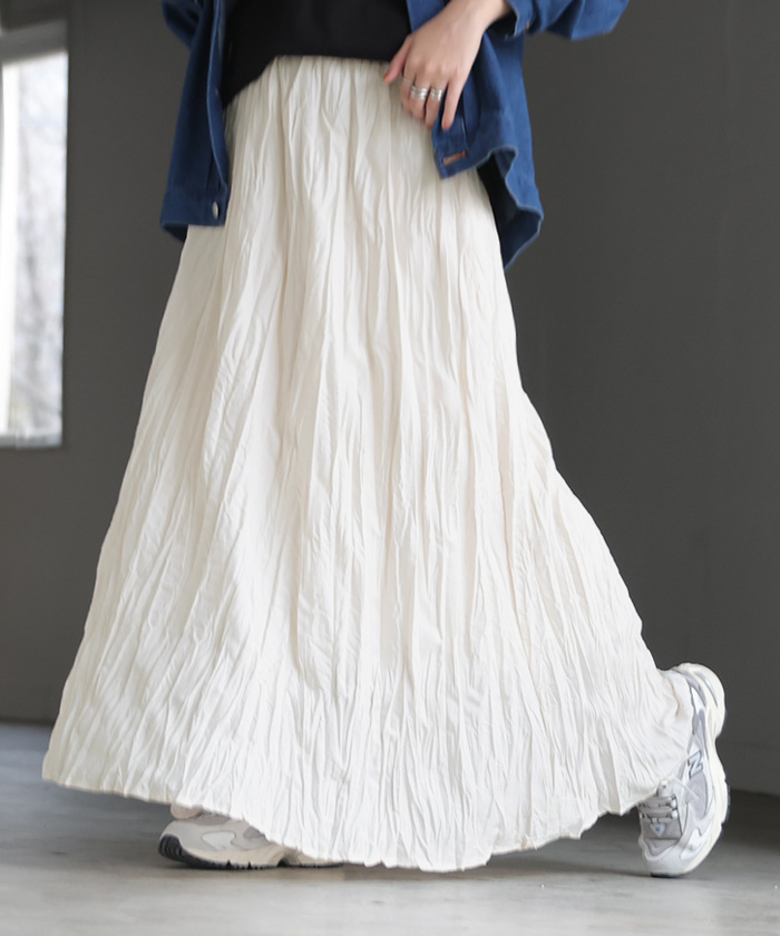スカート ロング プリーツ シワ加工 レディース ロングスカート フレア フレアスカート マキシ Aライン ハイウエスト ワッシャー ふんわり ウエストゴム | HUG.U | 01