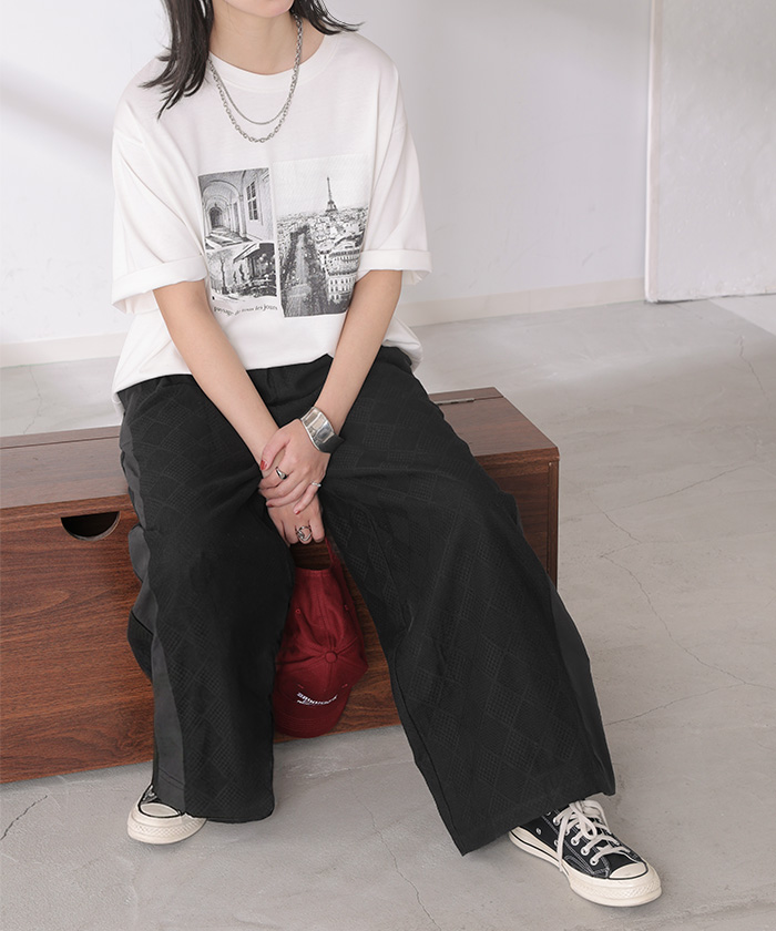 パンツ レース 異素材 MIX ワイド レディース ボトムス ロング ストレート ハイウエスト ワイドパンツ ロングパンツ メッシュ 幾何学 柄 | HUG.U | 02