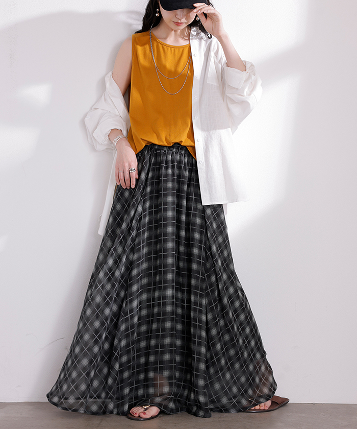 スカート ロング チェック 柄 シフォン レディース シフォンスカート フレアスカート ロングスカート Aライン ボトムス ボトム マキシ 軽い 透け感 ウエストゴム | HUG.U | 02