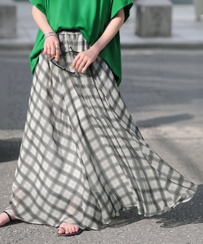 スカート ロング チェック 柄 シフォン レディース シフォンスカート フレアスカート ロングスカート Aライン ボトムス ボトム マキシ 軽い 透け感 ウエストゴム | HUG.U | 01