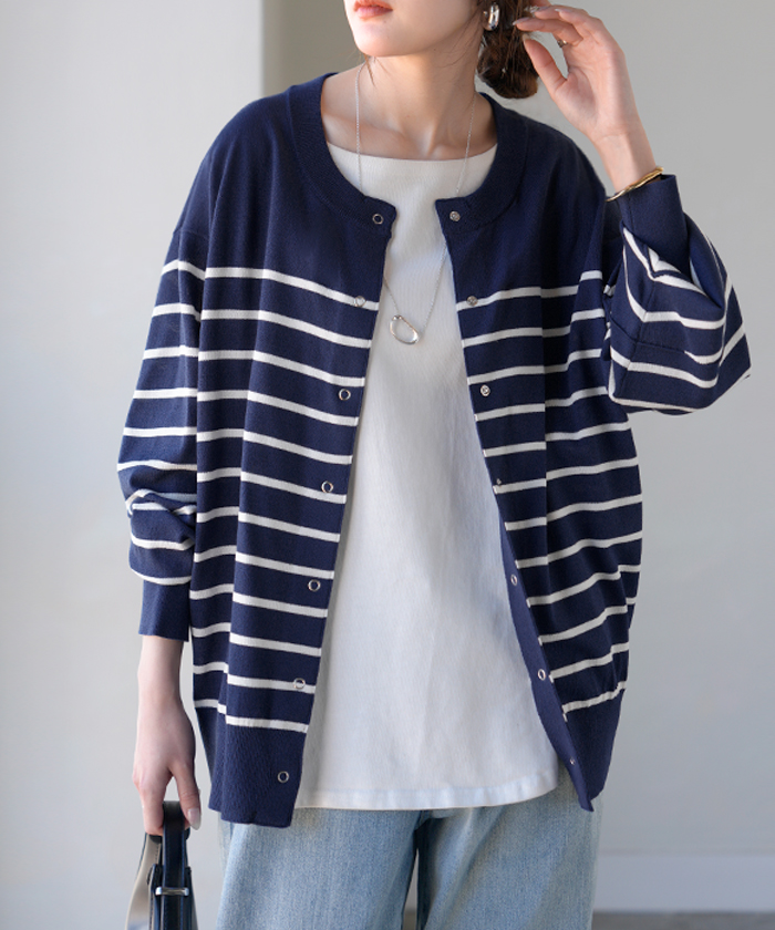 カーディガン 洗える レディース トップス UVカット マシンウォッシャブル 洗濯機 可能 遮蔽率96% 長袖 クルーネック ボーダー 無地 薄手 冷房対策 日除け | HUG.U | 02