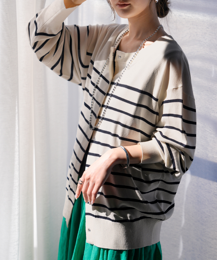 カーディガン 洗える レディース トップス UVカット マシンウォッシャブル 洗濯機 可能 遮蔽率96% 長袖 クルーネック ボーダー 無地 薄手 冷房対策 日除け | HUG.U | 01