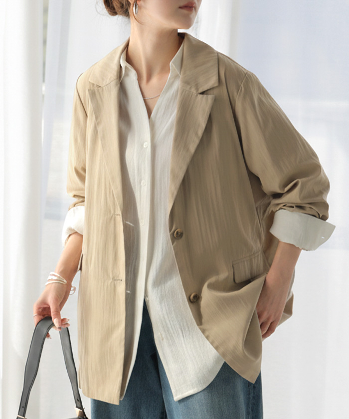 アウター ジャケット ワッシャー テーラード レディース テーラードジャケット ロング シワ加工 襟無地 長袖 羽織 セットアップ 可 オーバーサイズ きれいめ | HUG.U | 01