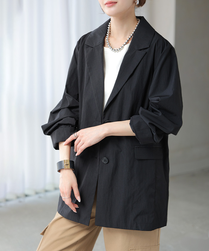 アウター ジャケット ワッシャー テーラード レディース テーラードジャケット ロング シワ加工 襟無地 長袖 羽織 セットアップ 可 オーバーサイズ きれいめ | HUG.U | 03