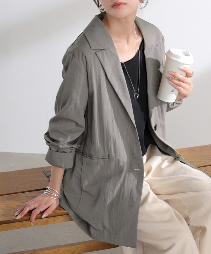 アウター ジャケット ワッシャー テーラード レディース テーラードジャケット ロング シワ加工 襟無地 長袖 羽織 セットアップ 可 オーバーサイズ きれいめ | HUG.U | 02