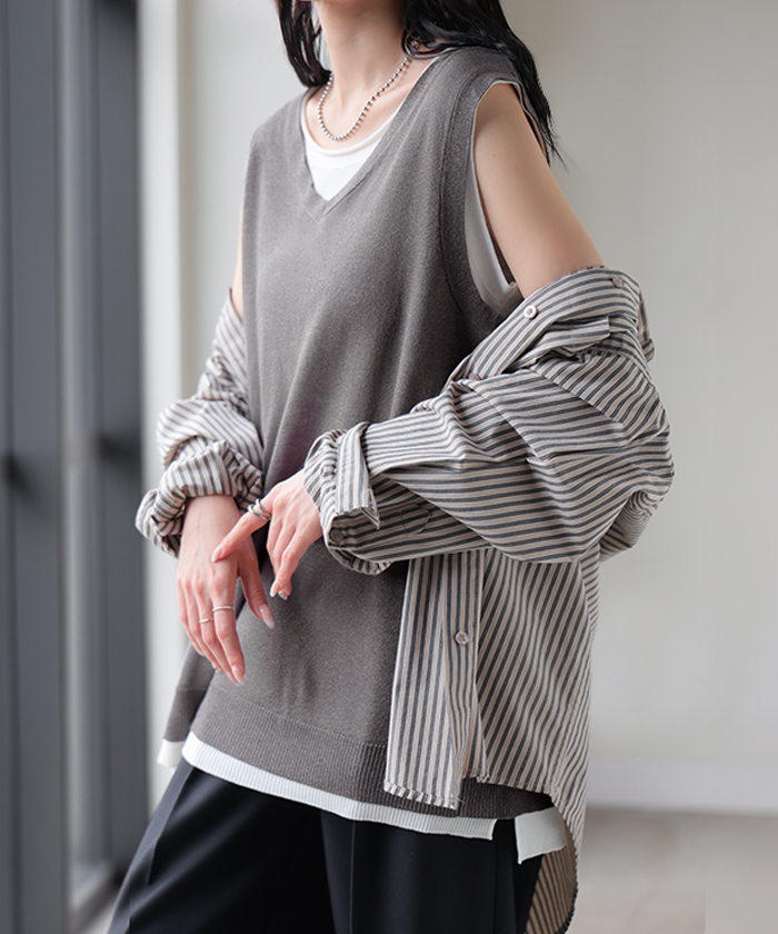 タンクトップ トップス レディース レイヤード 重ね着 2点セット アンサンブル ノースリーブ ベスト ジレ 吸水速乾 ロング Vネック Uネック ボックス カットソー | HUG.U | 02