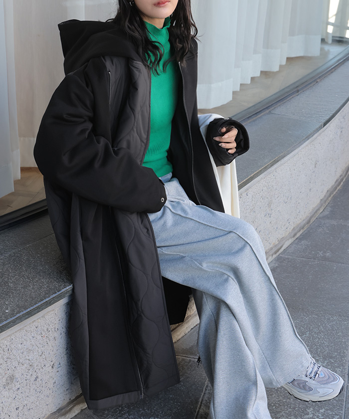 アウター コート 中綿 異素材 MIX レディース ロング ロングコート パーカー ブルゾン キルティング オーバー ハイネック フード ファスナー 羽織 あったか | HUG.U | 02