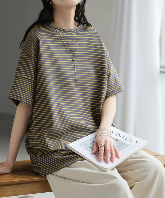 Tシャツ ボーダー もっちり レディース トップス カットソー 半袖 ティーシャツ メロウ加工 ボーダー柄 綿混 クルーネック チュニック | HUG.U | 03