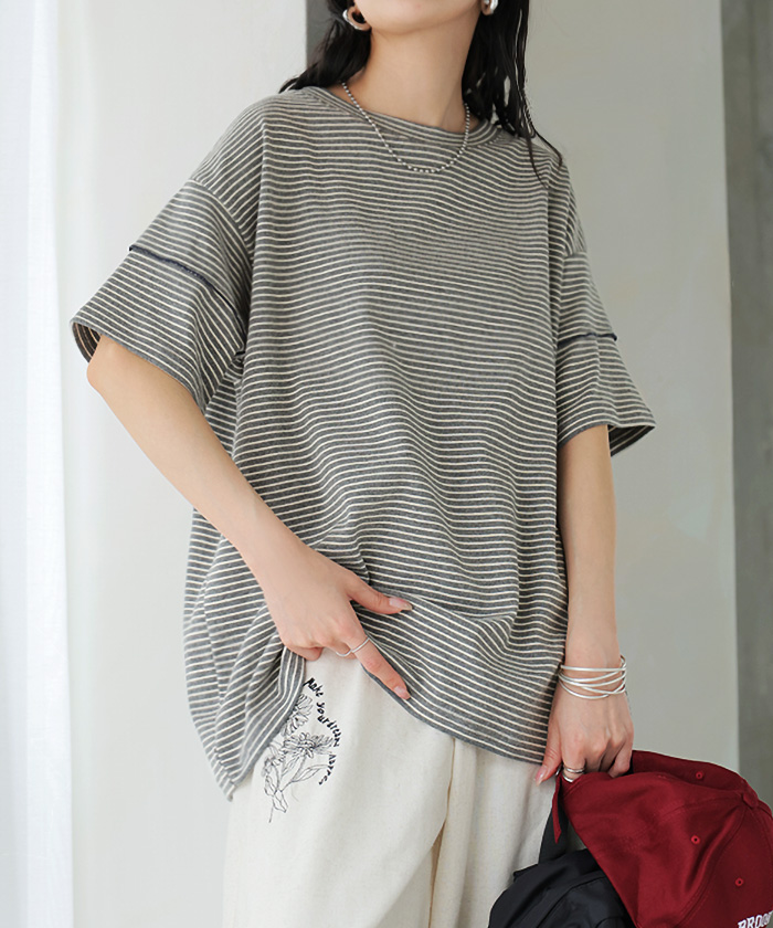 Tシャツ ボーダー もっちり レディース トップス カットソー 半袖 ティーシャツ メロウ加工 ボーダー柄 綿混 クルーネック チュニック | HUG.U | 01