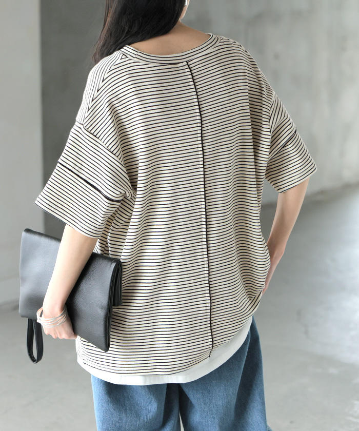 Tシャツ ボーダー もっちり レディース トップス カットソー 半袖 ティーシャツ メロウ加工 ボーダー柄 綿混 クルーネック チュニック | HUG.U | 02