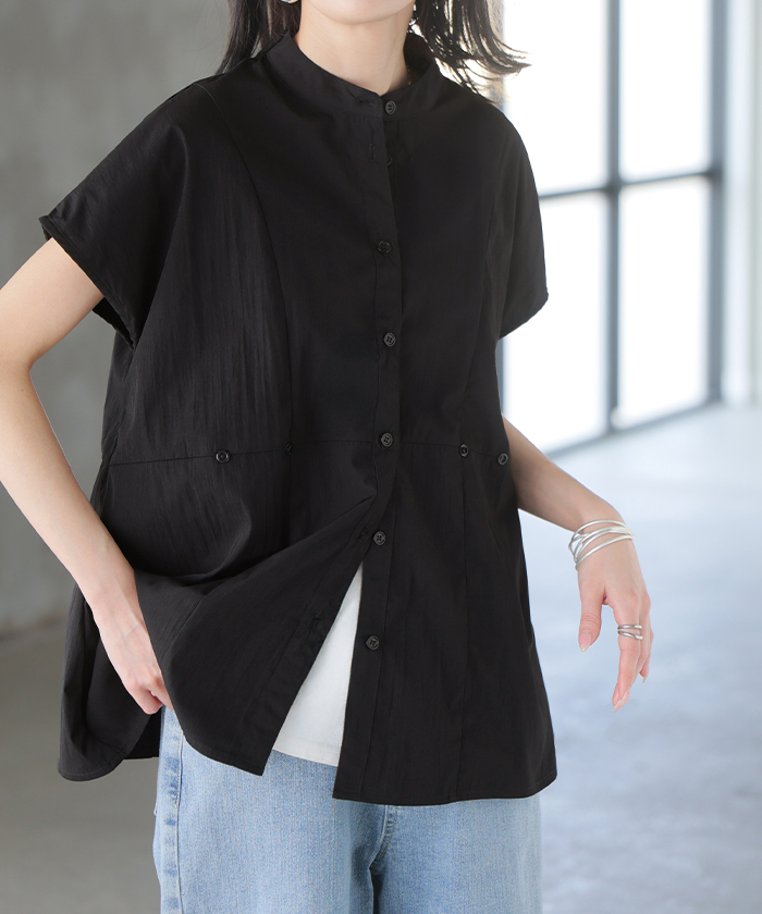 ブラウス フリル ワッシャー レディース トップス シャツ 半袖 シャツブラウス チュニック フレア フレンチスリーブ シワ加工 チェック ボタン ライトアウター | HUG.U | 03