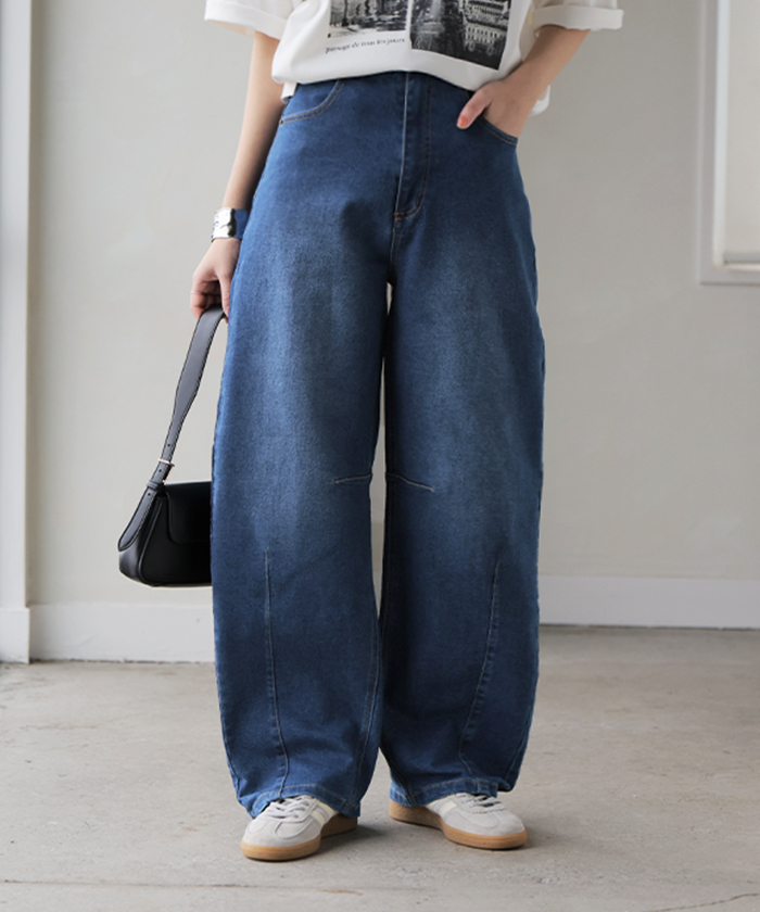 パンツ バレルレッグ デニム 選べる 2丈 レディース ボトムス カーブパンツ ジーパン ジーンズ ウエストゴム 総ゴム ストレッチ ワイドパンツ ボトム 伸縮性 | HUG.U | 02