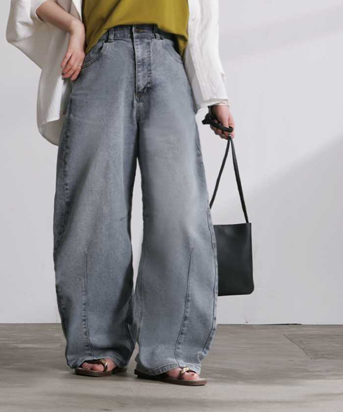 パンツ バレルレッグ デニム 選べる 2丈 レディース ボトムス カーブパンツ ジーパン ジーンズ ウエストゴム 総ゴム ストレッチ ワイドパンツ ボトム 伸縮性 | HUG.U | 01