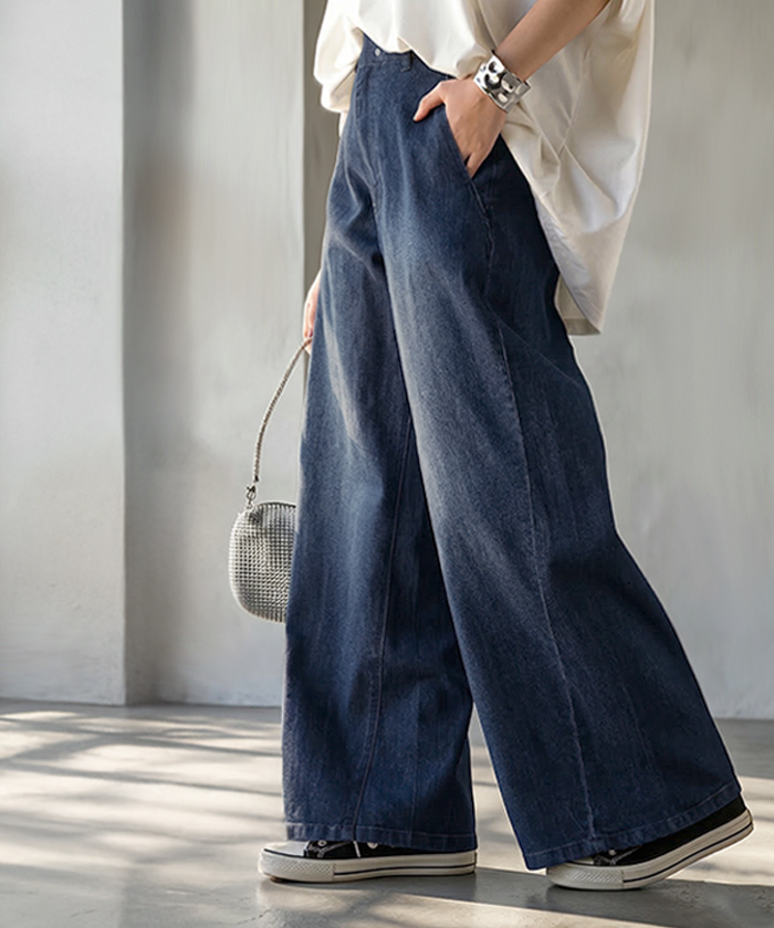 パンツ デニム ワイド レディース ジーパン ワイドパンツ 選べる 2丈 ロング ロングパンツ ストレート ストレッチ ボトムス ズボン ずぼん 伸びる ハイウエスト | HUG.U | 01