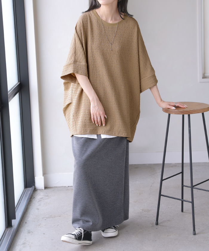 トップス アイロン不要 半袖 レディース Tシャツ プルオーバー カットソー シュリンク クルーネック ストレッチ シワになりにくい ドルマン ロング ロングT | HUG.U | 05