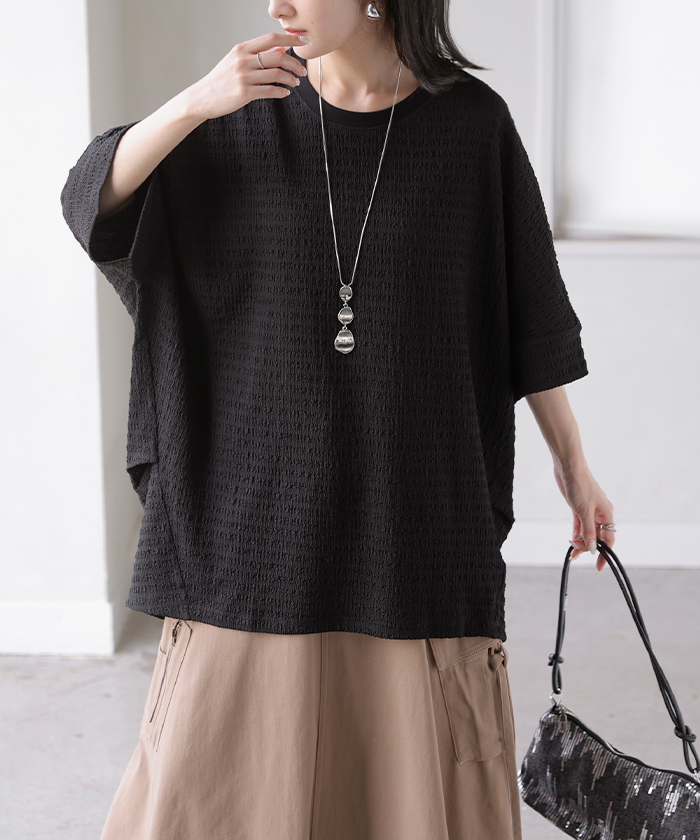 トップス アイロン不要 半袖 レディース Tシャツ プルオーバー カットソー シュリンク クルーネック ストレッチ シワになりにくい ドルマン ロング ロングT | HUG.U | 07