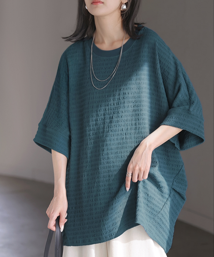 トップス アイロン不要 半袖 レディース Tシャツ プルオーバー カットソー シュリンク クルーネック ストレッチ シワになりにくい ドルマン ロング ロングT | HUG.U | 02